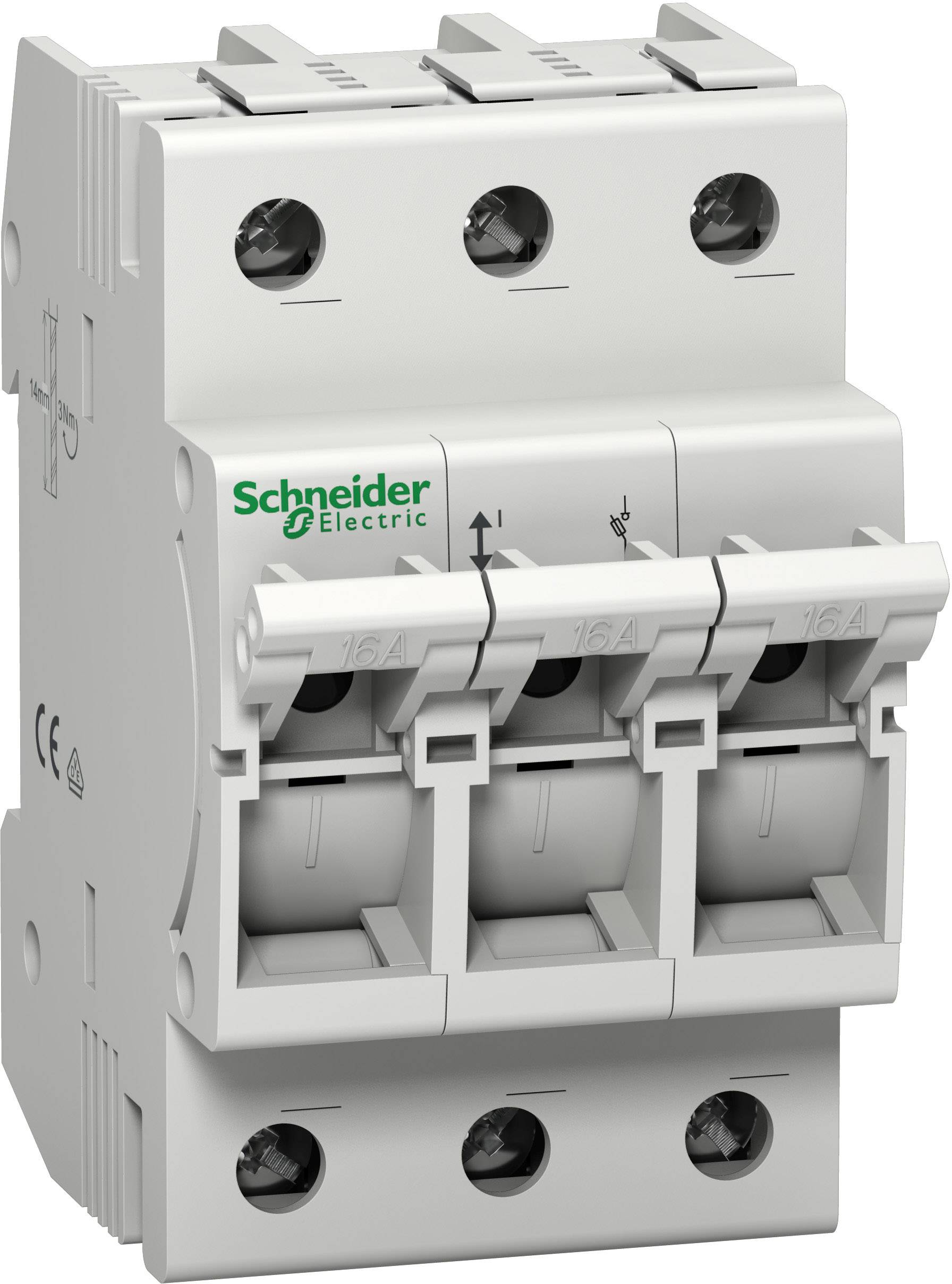 Ein dreipoliger Leitungsschutzschalter von Schneider Electric zur Absicherung elektrischer Stromkreise, gekennzeichnet mit '16A'.