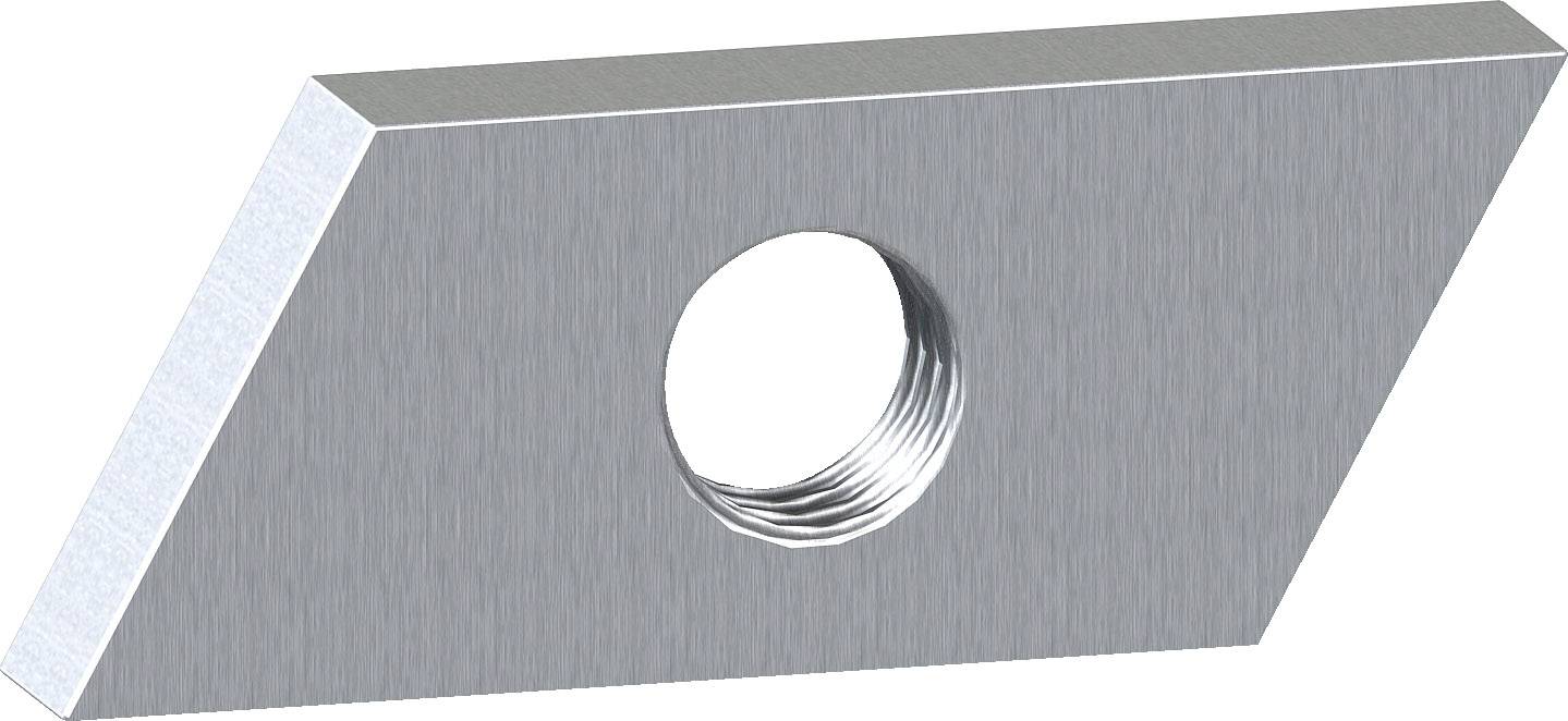 Graues, trapezförmiges Metallplättchen mit einem runden Loch in der Mitte.