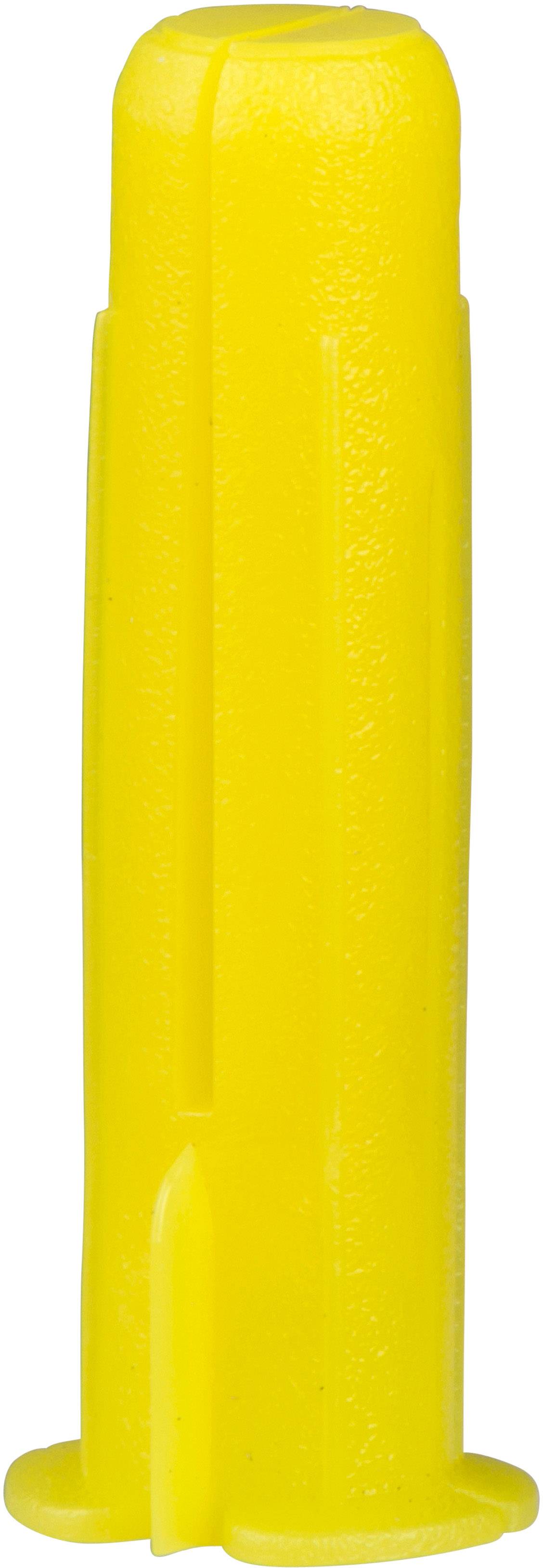 Ein gelber Dübel aus Kunststoff, stehend.