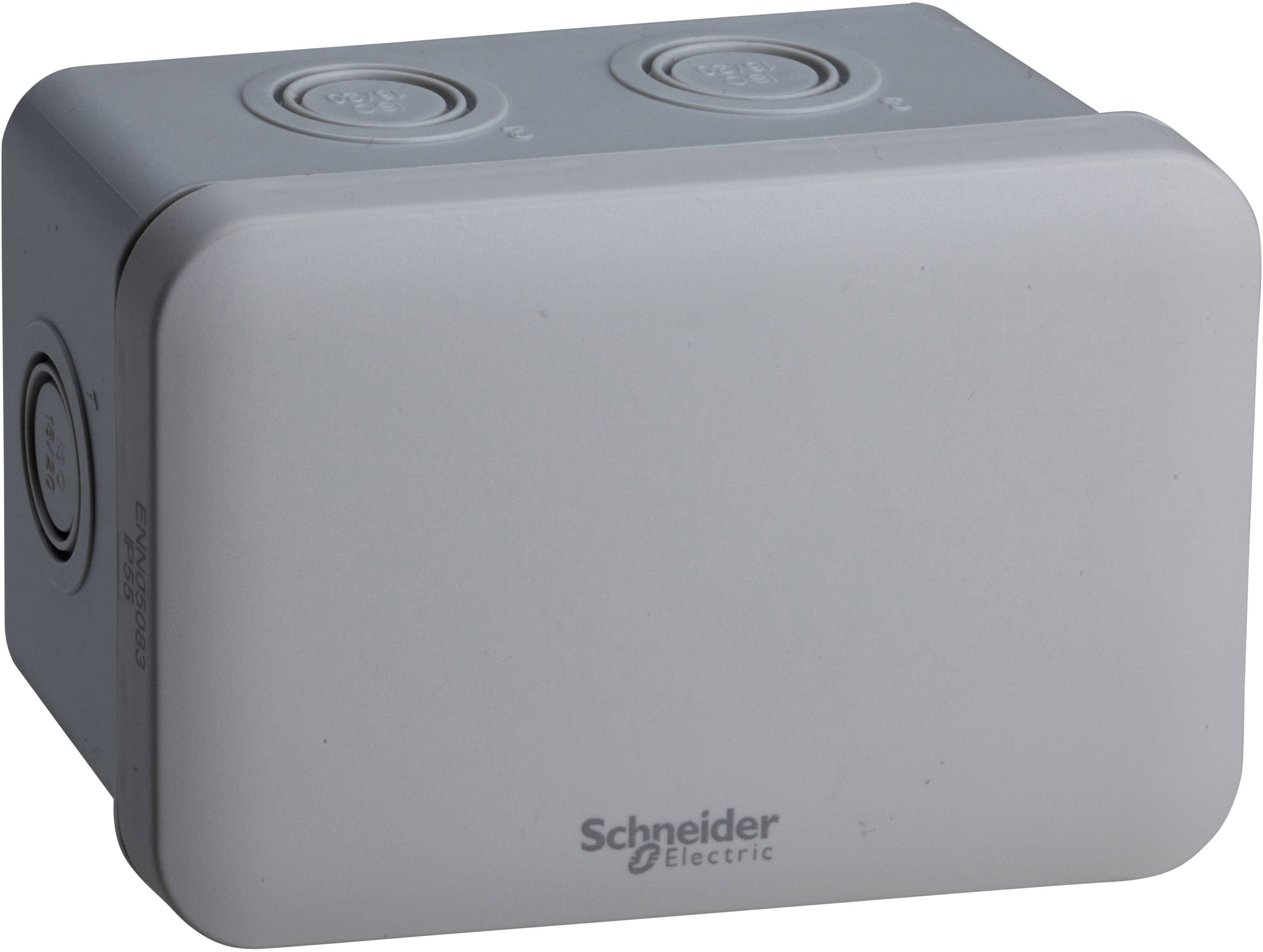 Ein graues elektrisches Kunststoffgehäuse von Schneider Electric mit zwei abnehmbaren Abdeckungen oben.