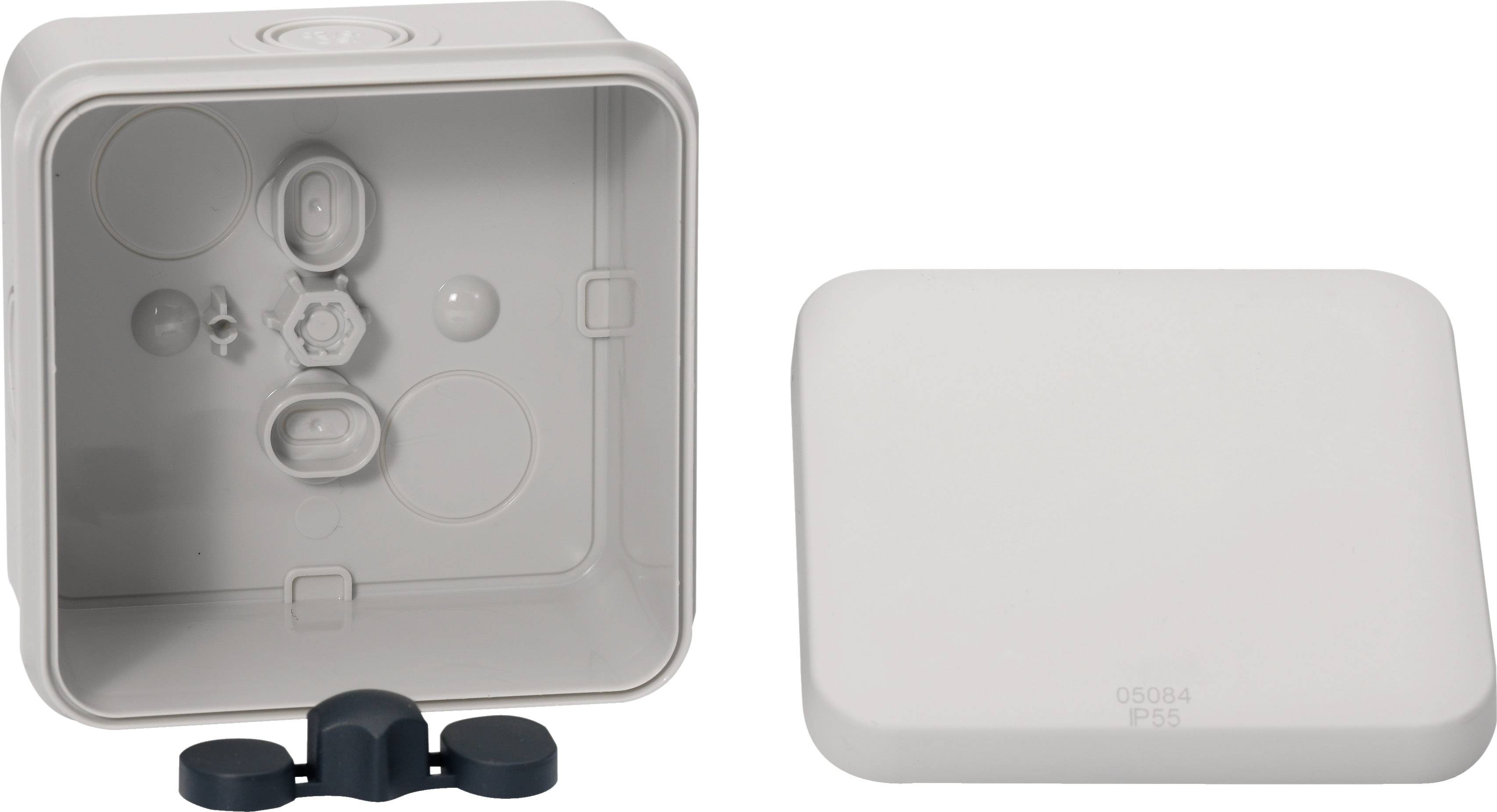 Eine leere, quadratische Kunststoffdose mit abnehmbarem Deckel, geeignet zur Aufbewahrung oder als Gehäuse für technische Geräte.