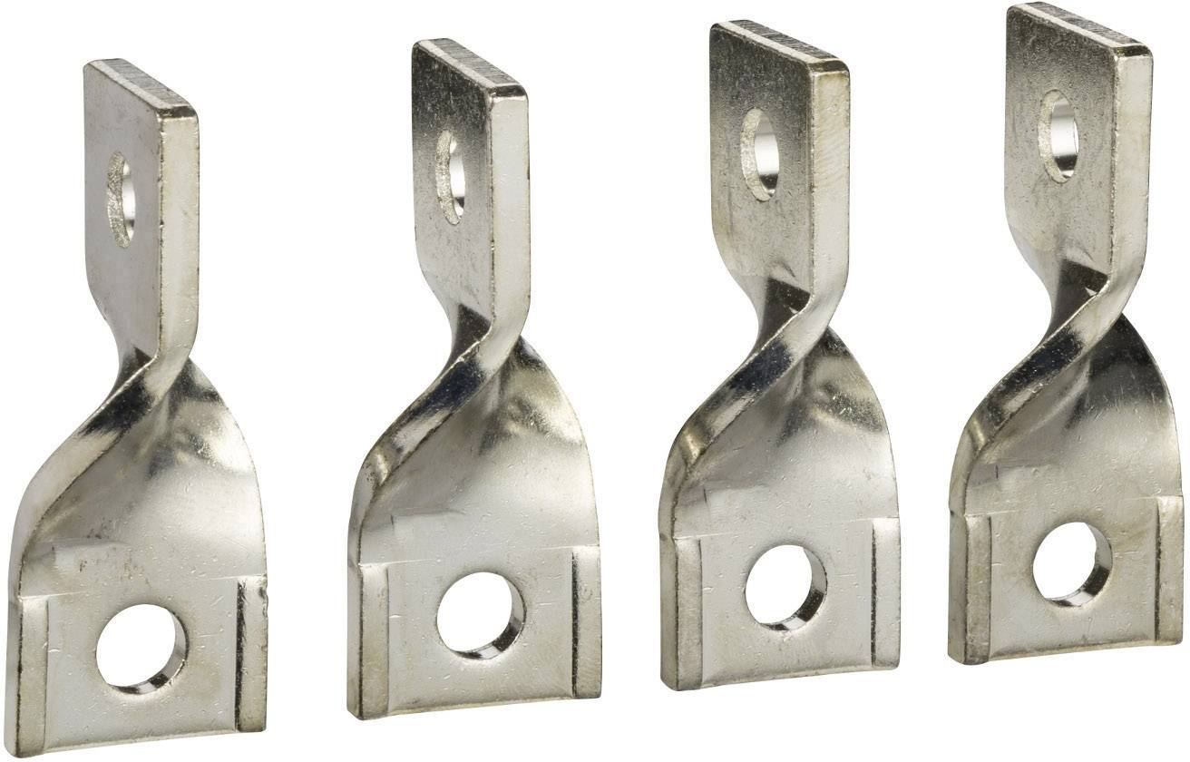 Vier metallische, rechteckige Befestigungsklammern in einer Reihe, jeweils mit zwei Löchern für Schraubenmontage.