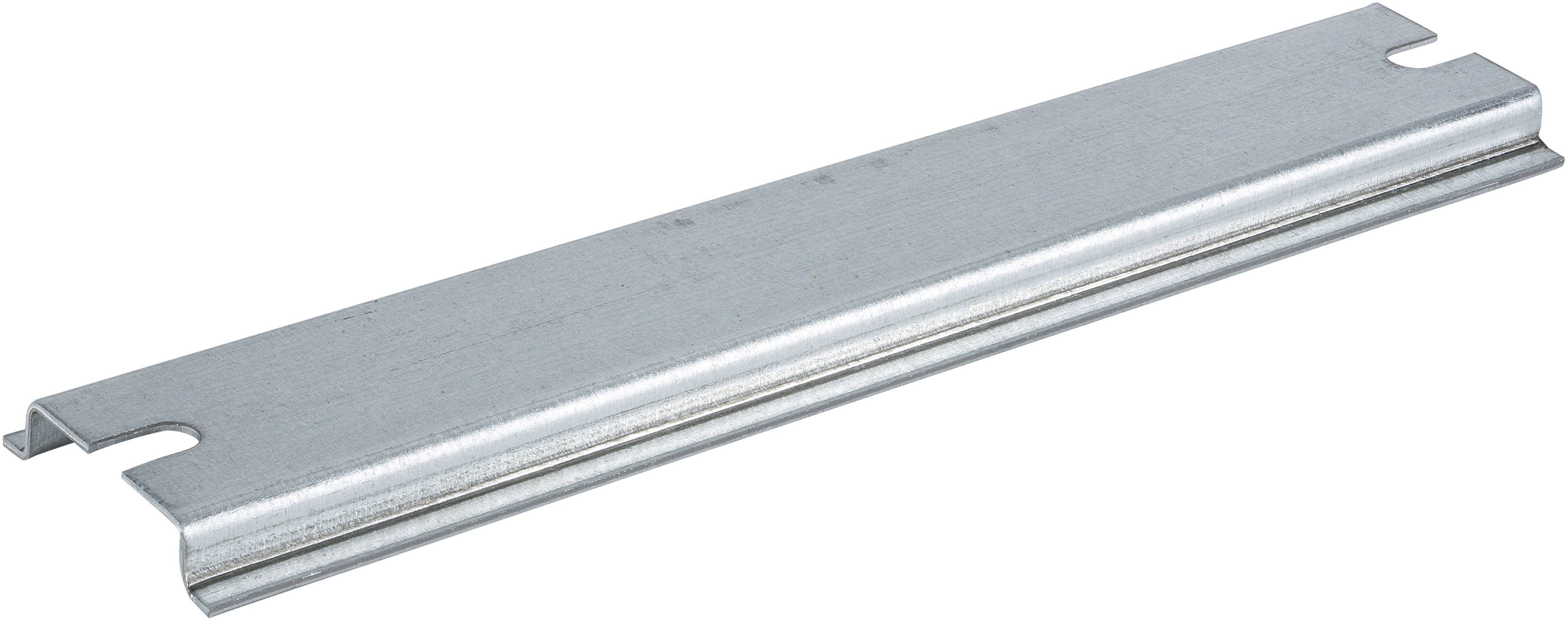 Metallschiene mit rechteckiger Form und zwei an den Enden ausgesparten Haken. Sie dient zum Befestigen oder Aufhängen.