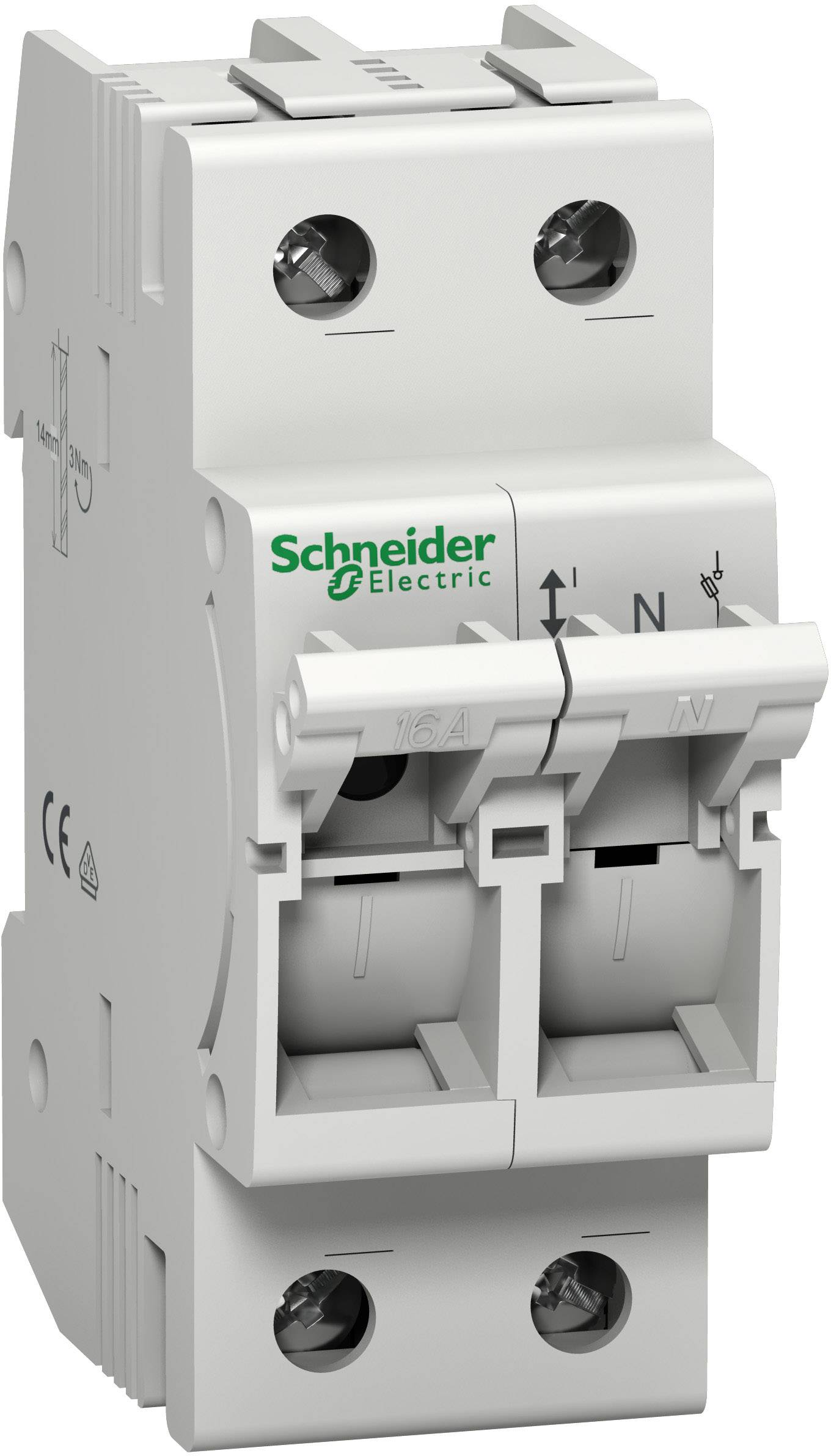 Ein zweipoliger Lasttrennschalter von Schneider Electric, geeignet für die Absicherung und Steuerung von elektrischen Stromkreisen.