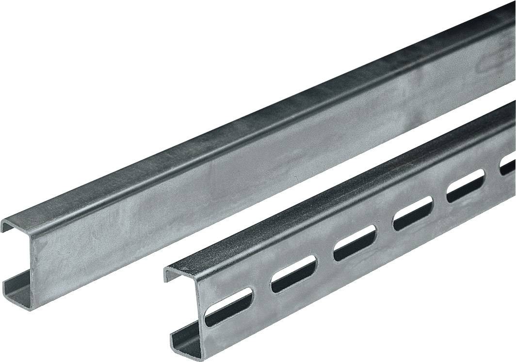 Zwei Metallprofile, eins mit durchgehenden Schlitzen und eins geschlossen, nebeneinander liegend. Sie dienen zur Befestigung.
