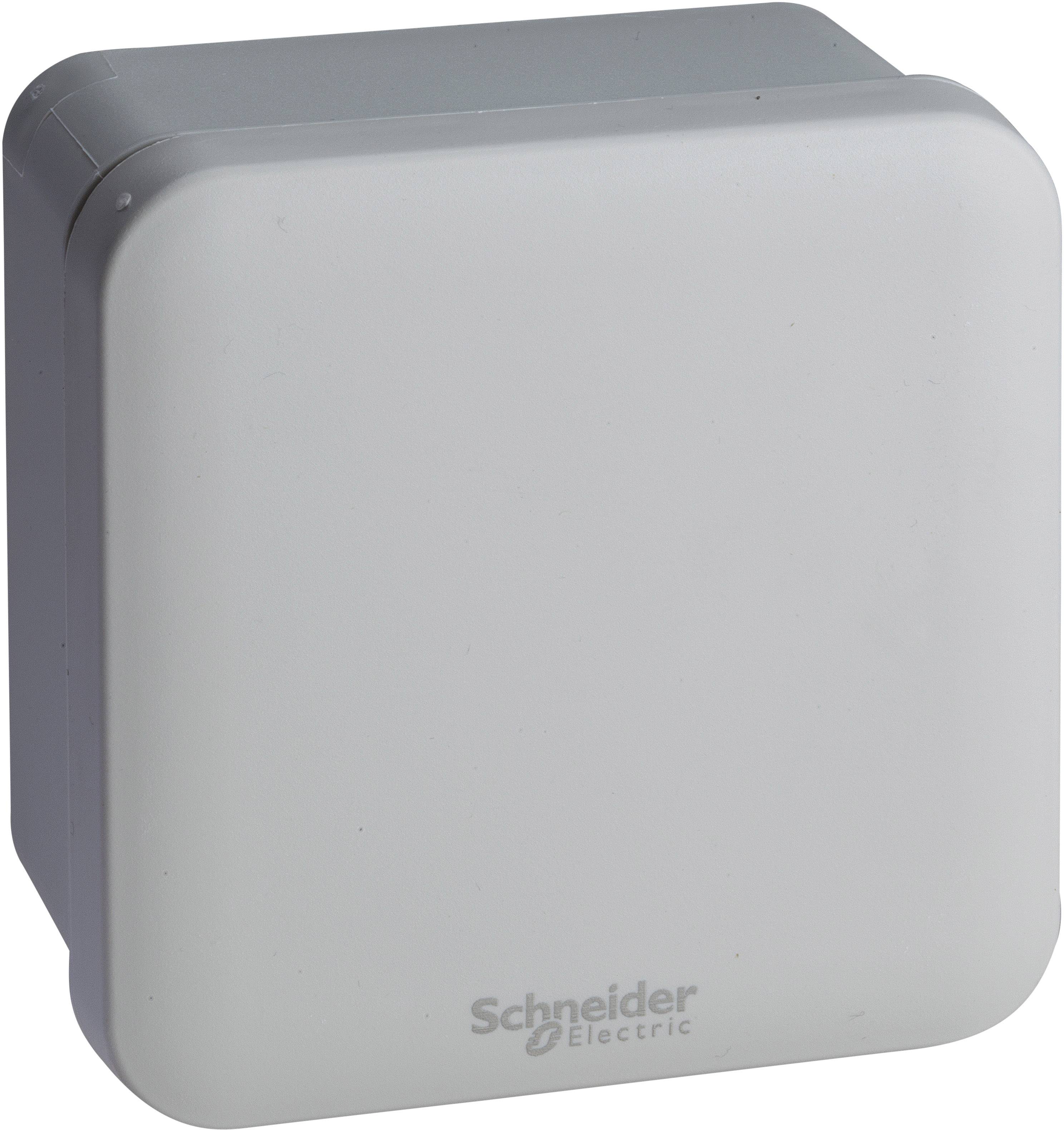 Quadratische, graue Abzweigdose von Schneider Electric, geeignet für elektrische Installationen, zur ordentlichen Verkabelung getragen.