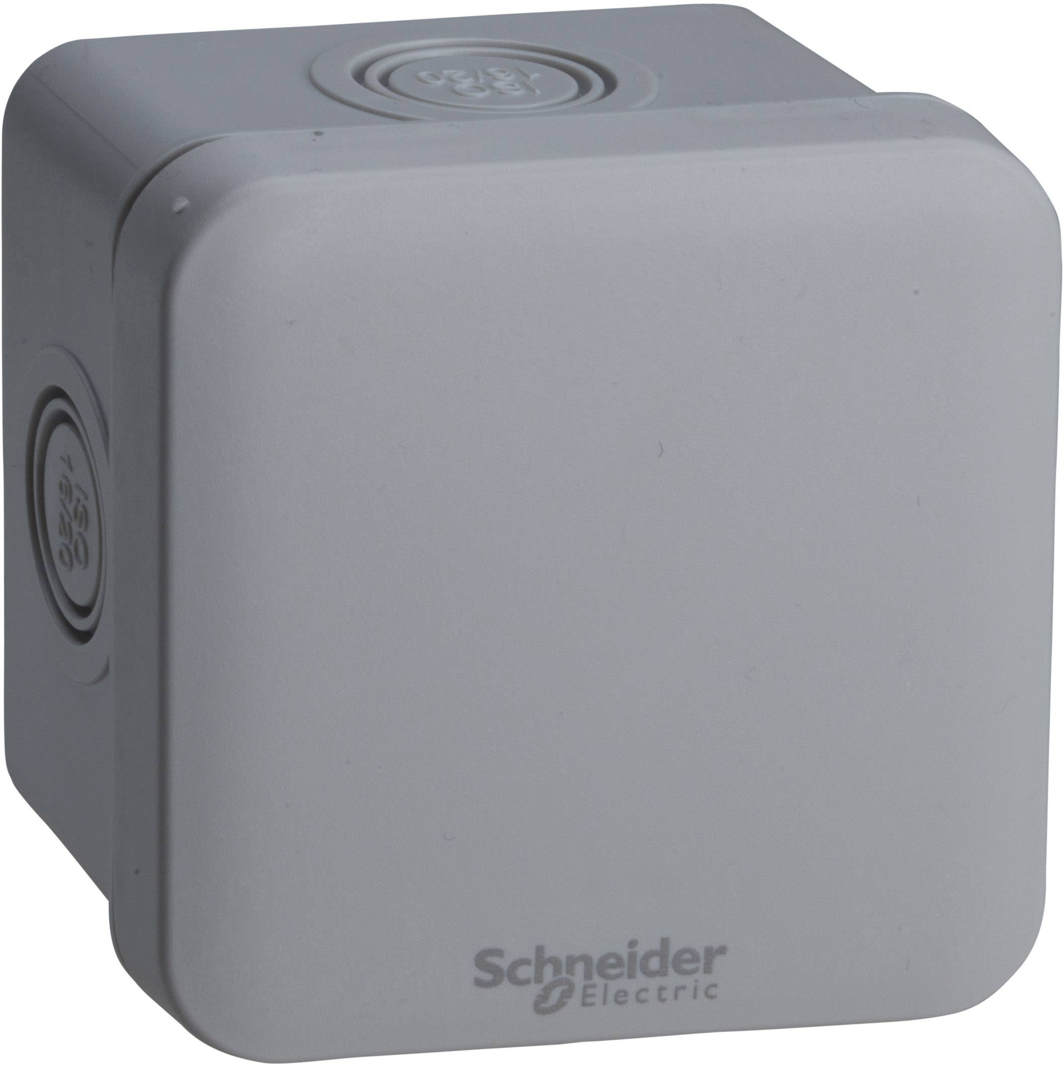 Grauer quadratischer Kunststoffkasten mit Aufschrift 'Schneider Electric' unten. Geeignet für industrielle oder elektrische Anwendungen.