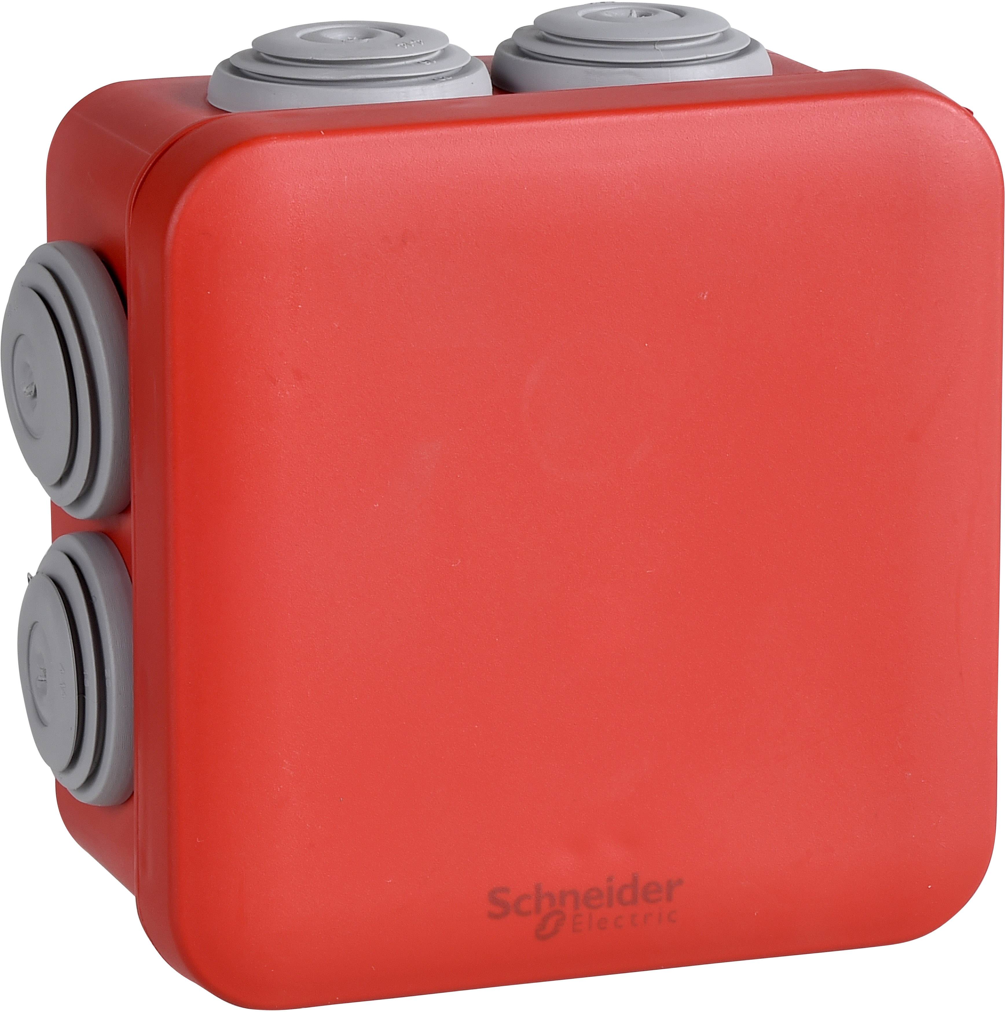 Rote elektrische Anschlussdose mit grauen seitlichen Eingängen, geeignet für die Installation von Kabeln. Marke: Schneider Electric.