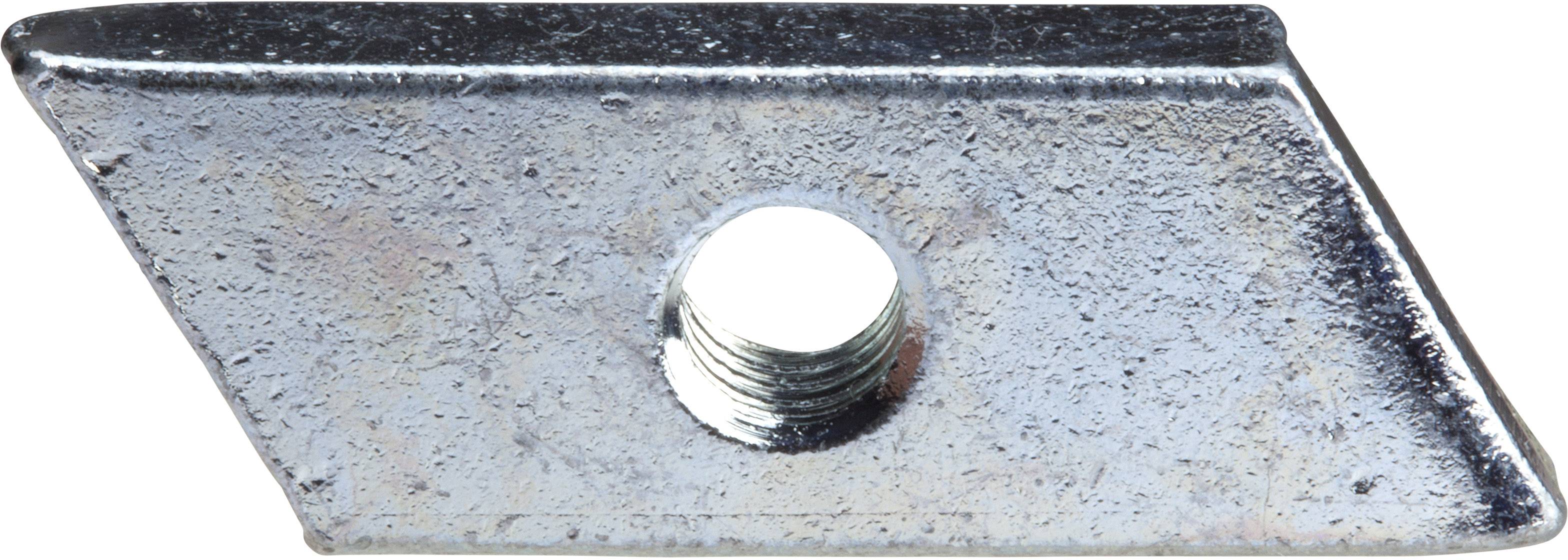 Ein trapezförmiges Metallteil mit einem zentralen Gewindeloch, das als Verbindungselement in Maschinenbauanwendungen genutzt wird.