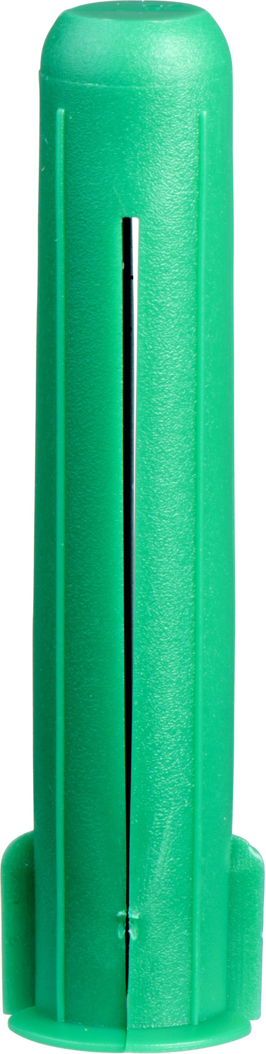Grüner Dübel aus Kunststoff, zylindrische Form mit kleinem Schlitz in der Mitte, dient zur Verankerung in Wänden oder Materialien.