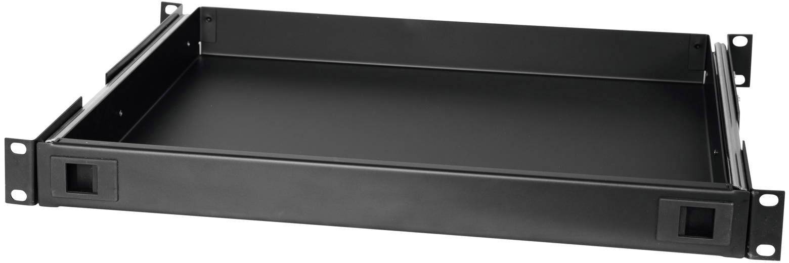 Ein schwarzes Rackregal für Server oder Netzwerkgeräte, rechteckig und mit Montagemöglichkeiten an den Seiten.