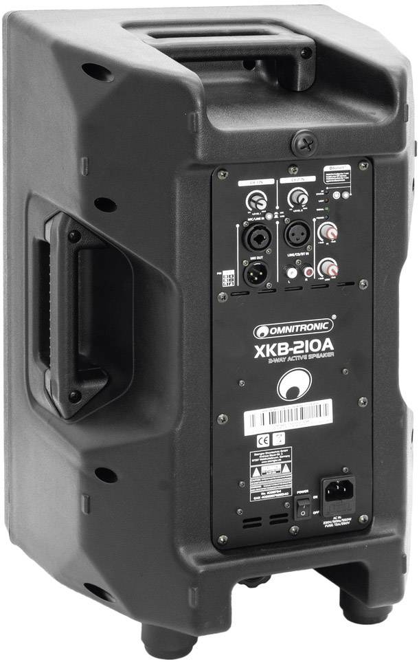 Ein schwarzer tragbarer Lautsprecher mit Bedienfeld, Anschlüssen und Griffen, geeignet für mobile Audioanwendungen.