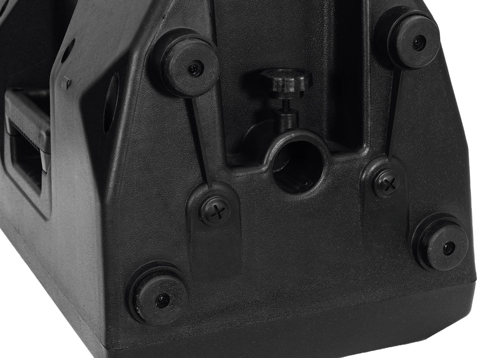 Schwarzer Kunststoffständer mit Schrauben und Drehknauf.