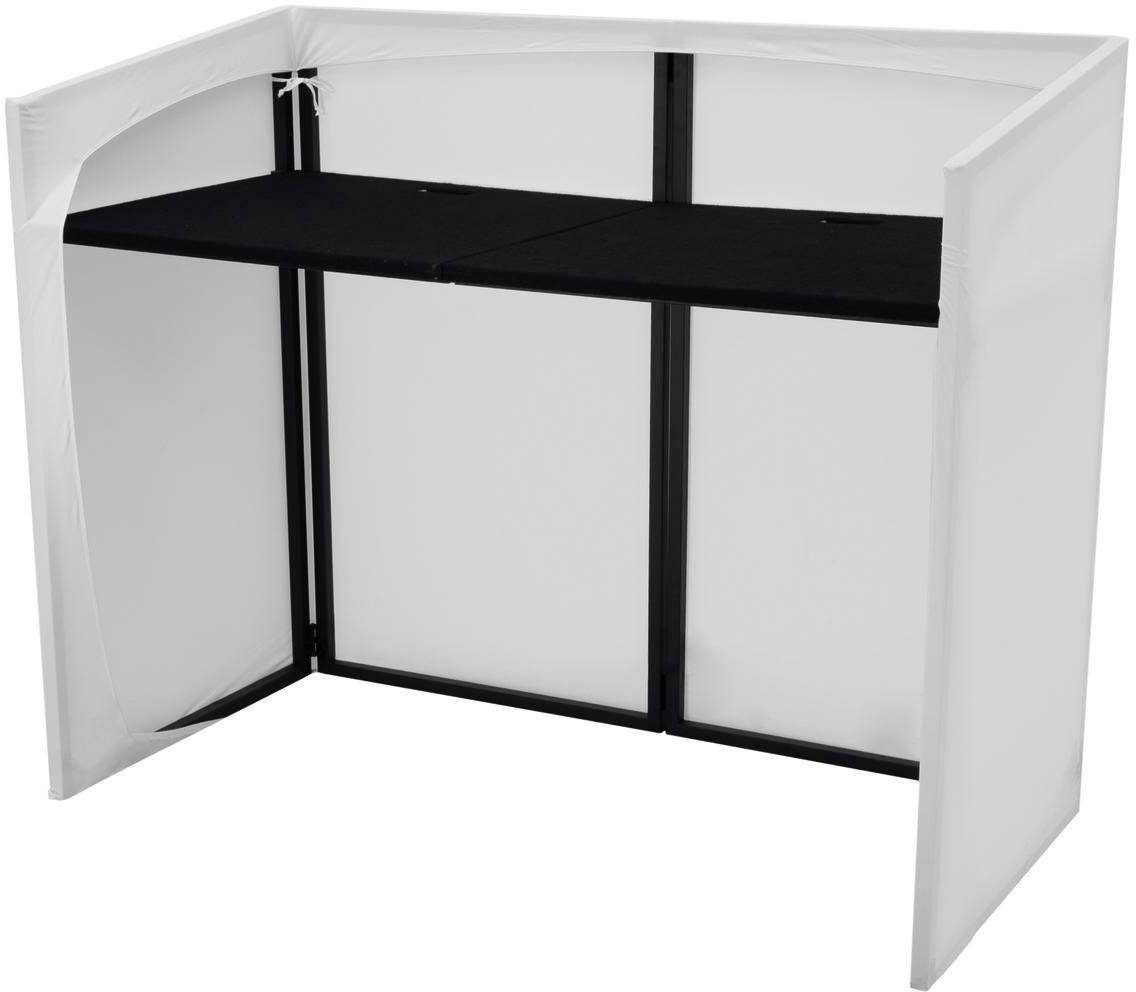 Weiße, faltbare Lichtbox mit schwarzem Hintergrund und Metallecken, geeignet für Produktfotografie oder Präsentationen.