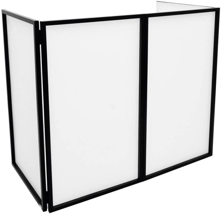 Schwarzer, faltbarer Rahmen in L-Form mit weißen Paneelen, vermutlich als Sichtschutz oder Raumteiler konzipiert.
