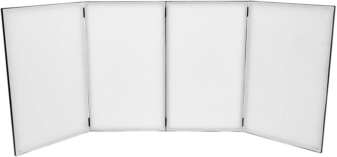 Ein leerer, vierteiliger, weißer Sichtschutz oder Raumtrenner, aufgestellt in einer leicht gebogenen Anordnung.