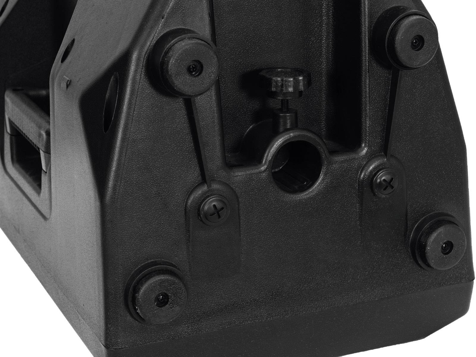 Schwarzes Kunststoffgehäuse mit vier runden Füßen und einer zentralen Einstellschraube.