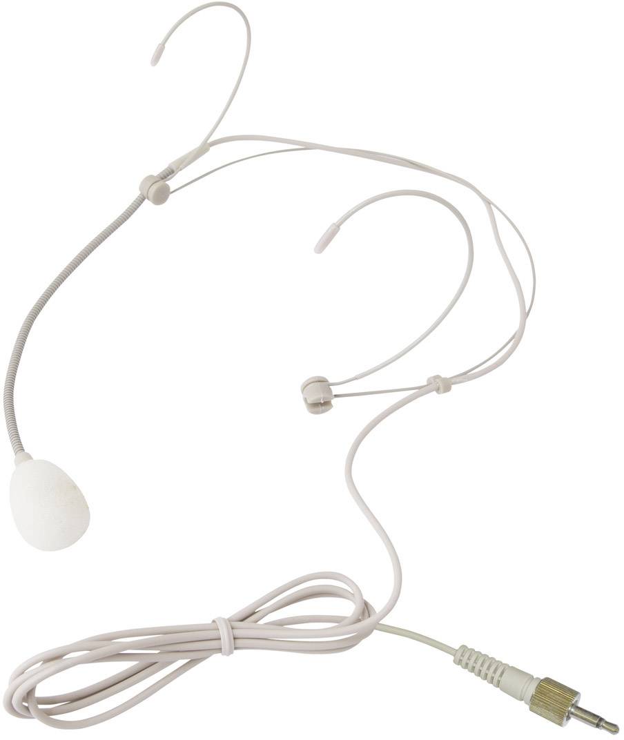 Headset-Mikrofon mit flexiblem Bügel und weißem Schaumstoff-Windschutz, verbunden mit einem Audiokabel und 3,5-mm-Klinkenstecker.