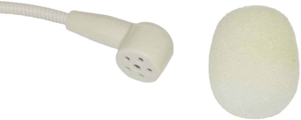 Ein beiges Telefonmikrofon mit mehreren Löchern und einem Schaumstoff-Windschutz.