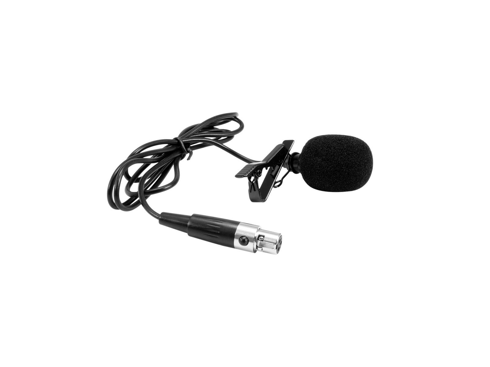 Ein schwarzes Ansteckmikrofon mit langem Kabel und Clip zur Befestigung an Kleidung. Geeignet für Interviews oder Aufnahmen.