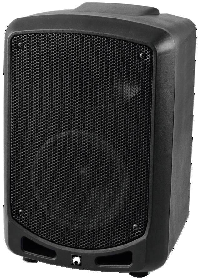 Schwarzer, tragbarer Lautsprecher mit Metallgitter und abgerundeten Ecken, geeignet für Audio-Wiedergabe bei Veranstaltungen.