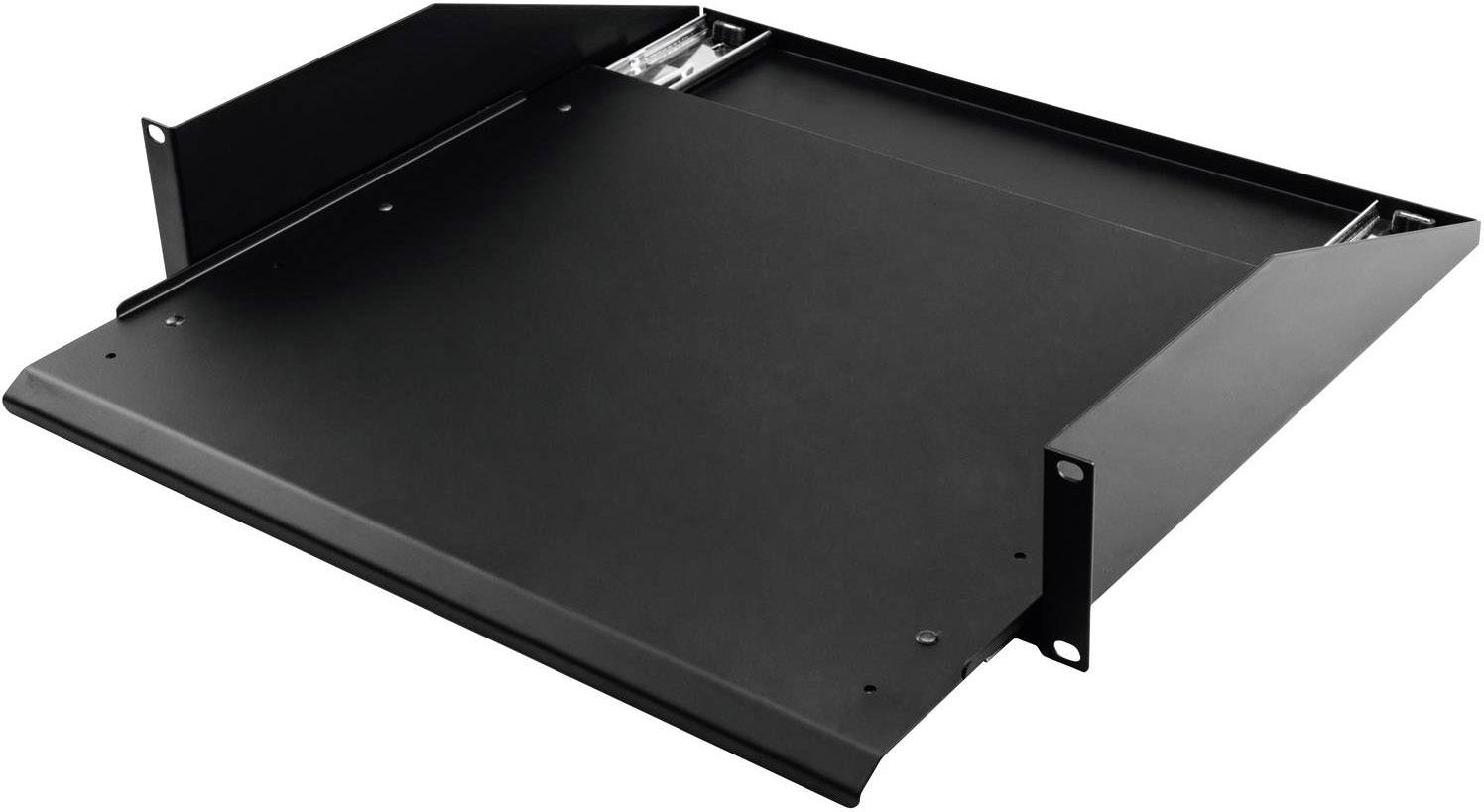 Schwarzes, flaches Regal oder Tablett zur Montage, möglicherweise in einem Schrank oder Rack-System. Geeignet für Elektronikgeräte.