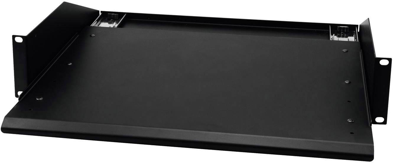 Schwarzes 19-Zoll-Rackmount-Regal zur Montage von Geräten. Es hat seitliche Halterungen und eine schräge Vorderkante.
