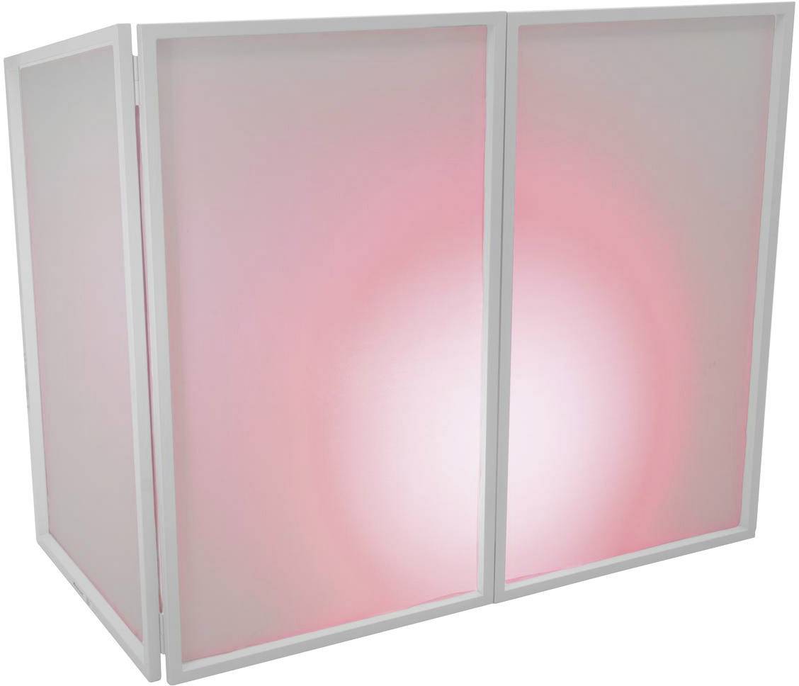 Eine weiße, rechteckige Lampe mit einem rosa leuchtenden Licht in der Mitte, das einen sanften Farbverlauf erzeugt.