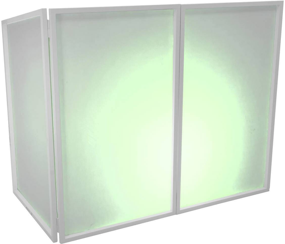 Weiße Raumtrennwand mit transparenten Paneelen, sanft grünlich beleuchtet.