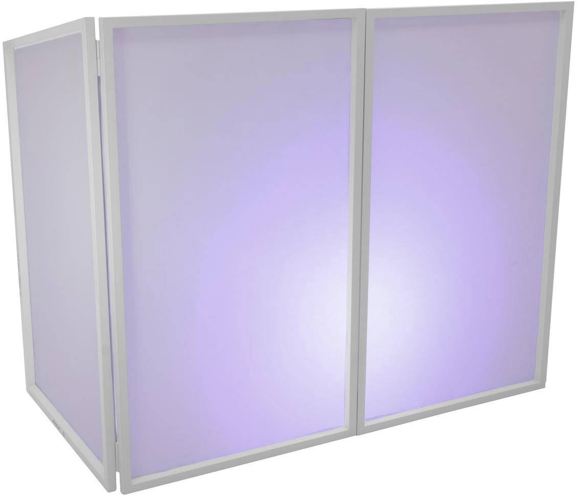 Weiße, rechteckige Raumtrennwand mit lilafarbener Hintergrundbeleuchtung; moderne, minimalistische Gestaltung.