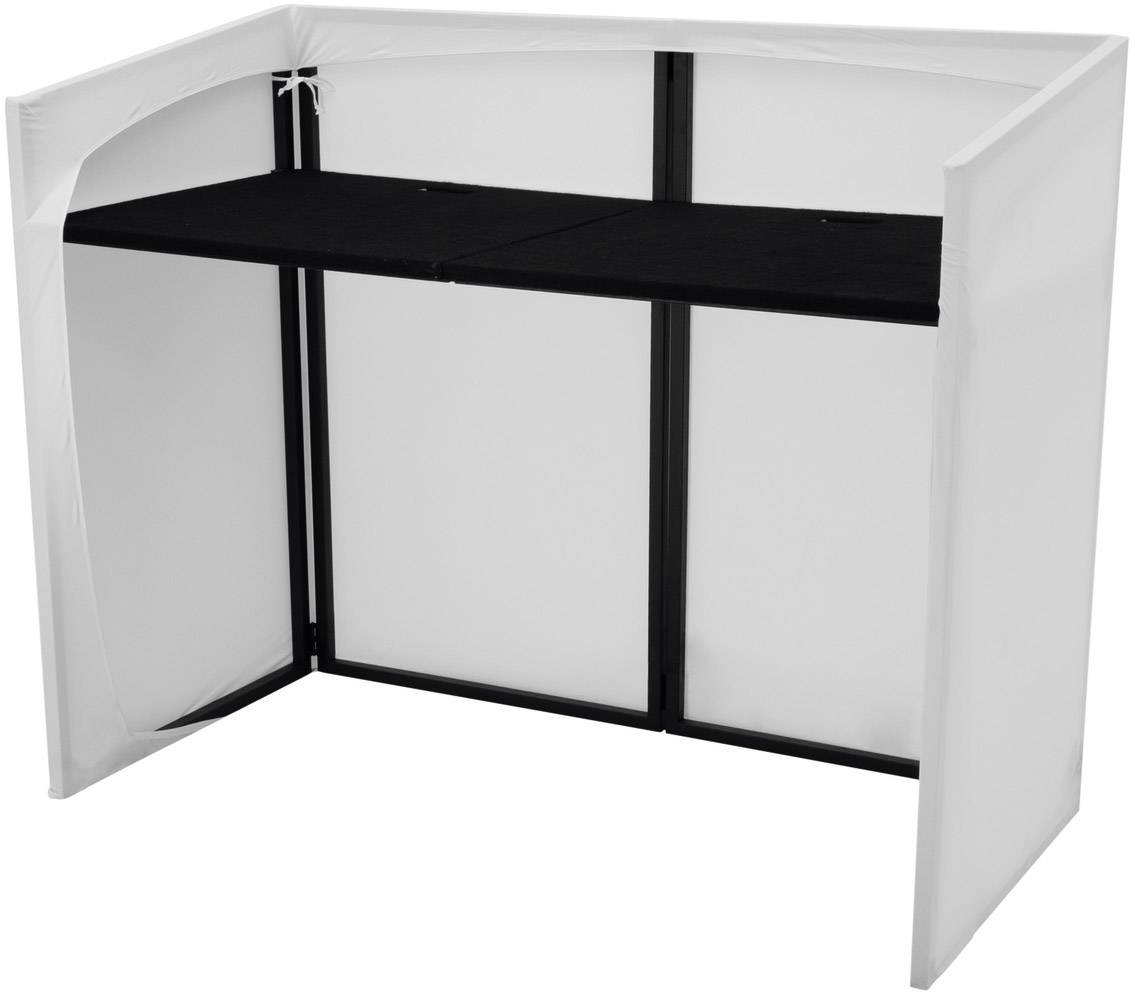Klapptheke mit schwarzer Tischplatte und weißer Verkleidung. Ideal für Events oder Messen, einfach anzupassen und zu transportieren.