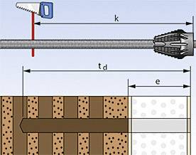Diagramm eines Befestigungssystems: Oben ist eine Metallschraube mit Dübelsystem zu sehen, unten die Installation in einer Wand. Maße sind k, tₑ, und e.