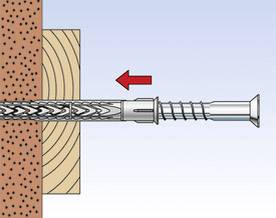 Illustration zeigt einen Metallschraubanker, der in eine Betonwand eingeschraubt ist. Roter Pfeil weist auf die Wand zur Montage.