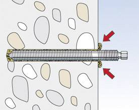 Schraube mit Dübel in Betonwand, zeigt Montageprozess mit Pfeilen nach links und rechts. Wand hat unregelmäßige Steineinschlüsse.