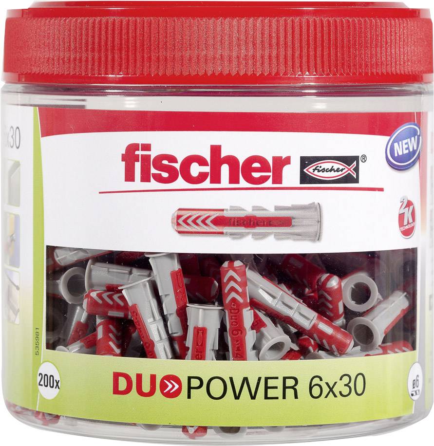 Plastikdose gefüllt mit roten und grauen Kunststoffdübeln der Marke Fischer, Modell 'DUOPOWER 6x30', Aufschrift '200x'.