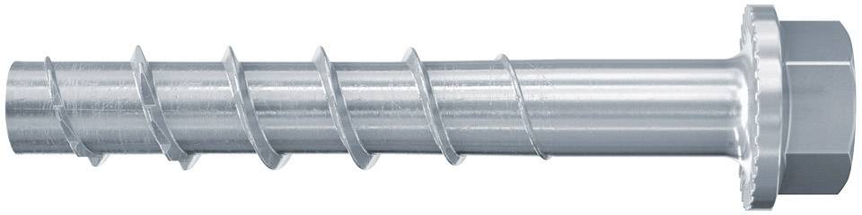 Metallschraube mit sechskantigem Kopf und spiralförmigem Gewinde, silberfarben, auf weißem Hintergrund.