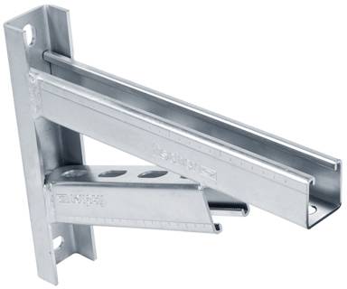 Metallischer Wandhalter mit rechteckiger Form und mehreren Befestigungslöchern. Geeignet für industrielle Anwendungen zur Regalbefestigung.