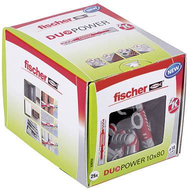 Eine Verpackung mit 'fischer DUOPOWER 10x80' Dübeln, zeigt Bilder von Anwendungen und enthält 25 Stück. Ideal für vielseitige Befestigungen.