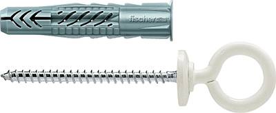 Blauer Dübel neben einer weißen Ringschraube. Der Dübel hat ein strukturiertes Design, die Schraube hat ein geschlossenes, ringförmiges Ende.