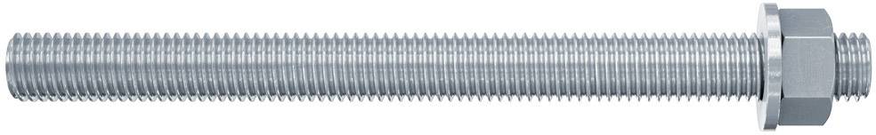 Ein silberner Gewindestab mit zugehöriger Mutter, horizontal ausgerichtet, zeigt die Gewindestruktur und die passgenaue Verbindung.