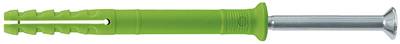 Ein grüner Dübel mit Schraube, geeignet zur Befestigung von Bauteilen in Wänden oder Decken.