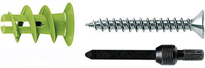 Grüner Dübel, silberne Schraube und schwarzer Bohrer nebeneinander angeordnet, zur Darstellung von Befestigungswerkzeugen.