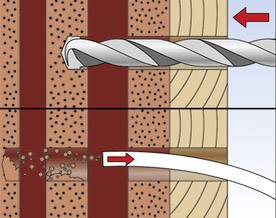 Illustration eines Bohrers, der durch eine Ziegel- und Holzwand bohrt. Staub entsteht beim Bohren. Ein Pfeil zeigt in Bohrrichtung.