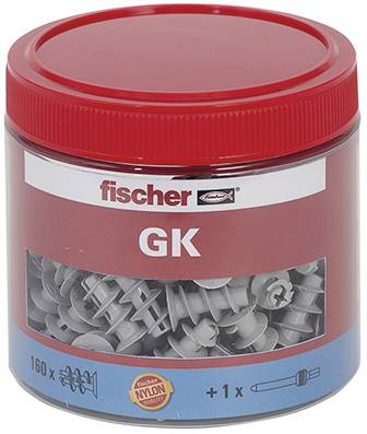 Ein roter Plastikbehälter enthält 160 graue Fischer Gipskartondübel vom Typ 'GK', inklusive passendem Werkzeug.