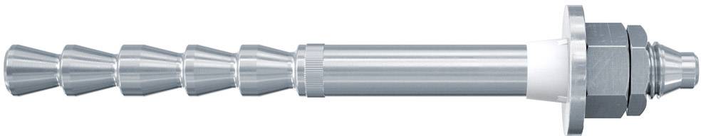 Metallschraubdübel mit sechseckigem Kopf, Gewinde und konischem Ende, typisches Befestigungsmaterial für Bauanwendungen.