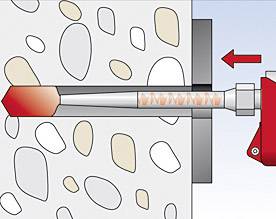 Eine Illustration zeigt einen Ankerbolzen, der in eine gemauerte Wand eingeschraubt wird. Ein roter Pfeil deutet auf die Einschraubrichtung hin.