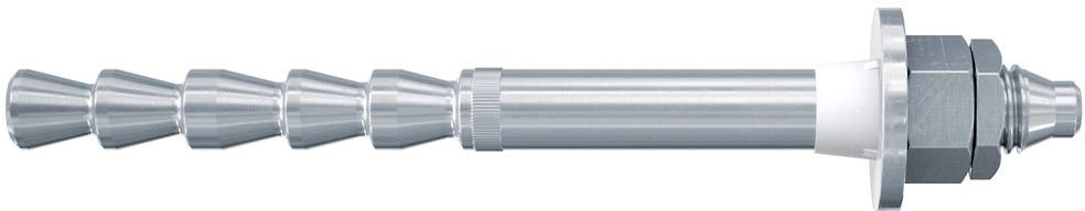 Ein silberner Metallanker mit konisch geformtem Schaft und sechskantiger Mutter.