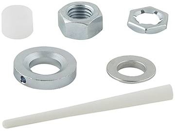 Verschiedene Metallteile auf weißem Hintergrund, darunter Muttern, Unterlegscheiben und ein zylinderförmiges Kunststoffteil.