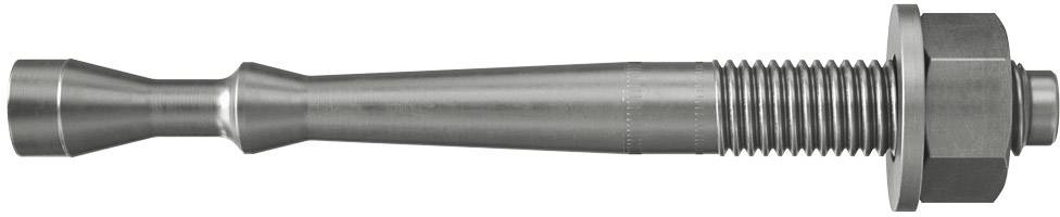 Metallischer Bolzen mit konischem und geripptem Abschnitt, endet in einer Sechskantmutter. Verwendet in mechanischen Befestigungen.