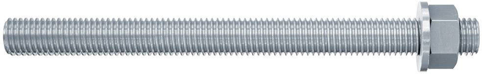 Eine lange Metallschraube mit durchgehendem Gewinde und einer Mutter am Ende, auf weißem Hintergrund.